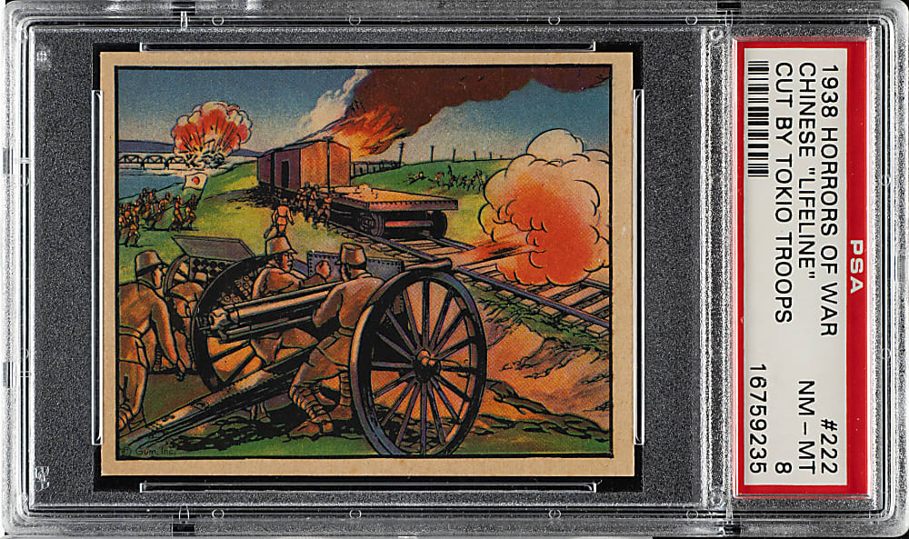 1938 R69 Gum, Inc. "Horrors of War" #222 Chinese "Lifeline" Cut by Tokio Troops PSA NM-MT 8