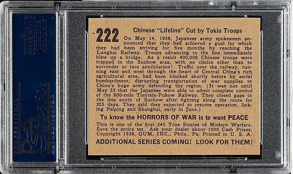 1938 R69 Gum, Inc. "Horrors of War" #222 Chinese "Lifeline" Cut by Tokio Troops PSA NM-MT 8