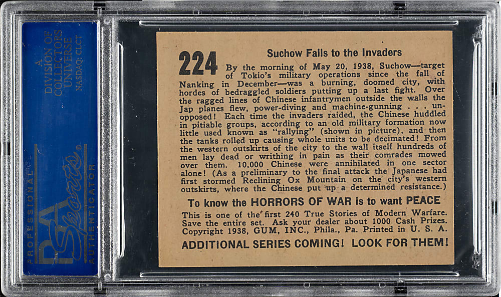 1938 R69 Gum, Inc. "Horrors of War" #224 Suchow Falls to the Invaders PSA NM-MT 8 - Highest Graded!