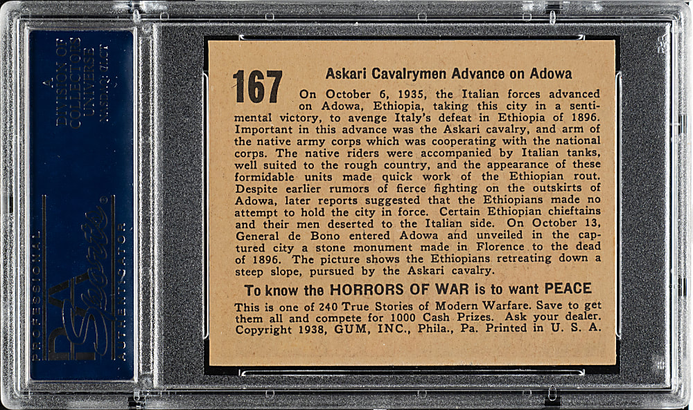 1938 R69 Gum, Inc. "Horrors of War" #167 Askari Cavalrymen Advance on Adowa PSA NM-MT 8