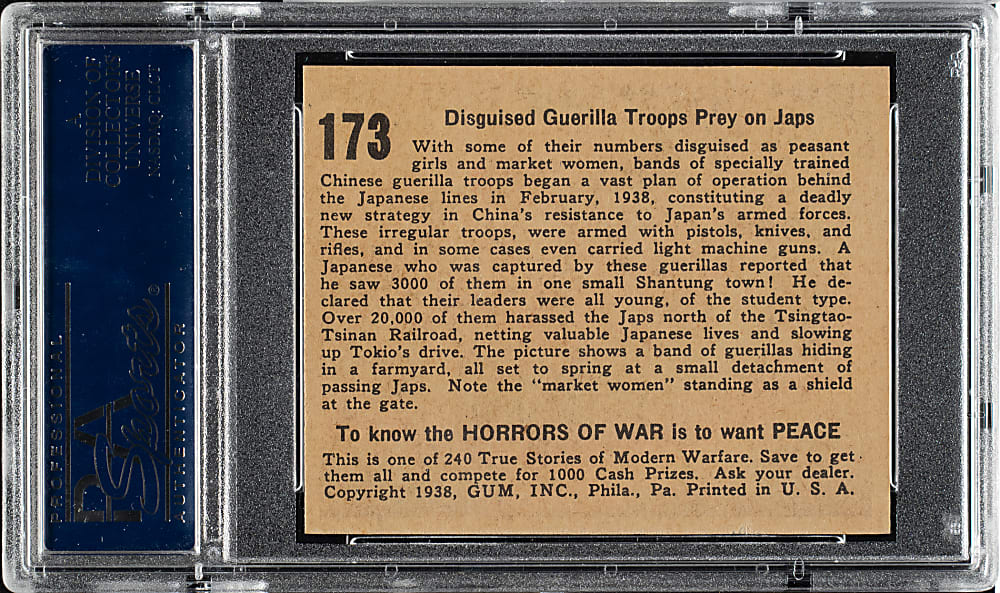 1938 R69 Gum, Inc. "Horrors of War" #173 Disguised Guerrilla Troops Prey on Japanese PSA NM-MT 8