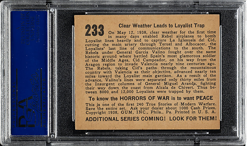 1938 R69 Gum, Inc. "Horrors of War" #233 Clear Weather Leads to Loyalist Trap PSA NM-MT 8