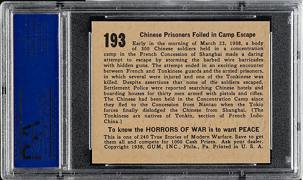 1938 R69 Gum, Inc. "Horrors of War" #193 Chinese Prisoners Foiled in Camp Escape PSA NM-MT 8