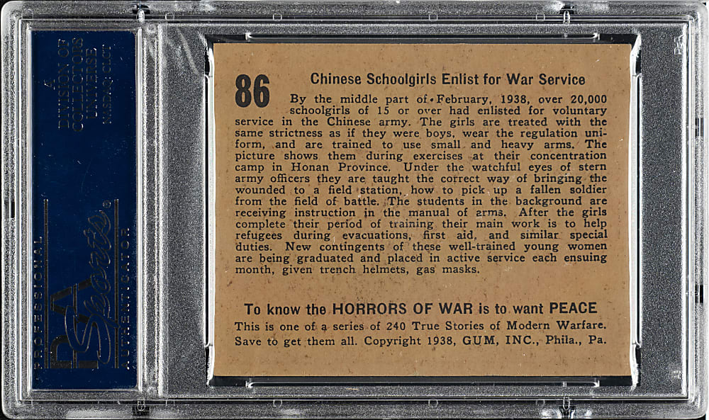 1938 R69 Gum, Inc. "Horrors of War" #86 Chinese Schoolgirls Enlist for War Service PSA NM-MT 8