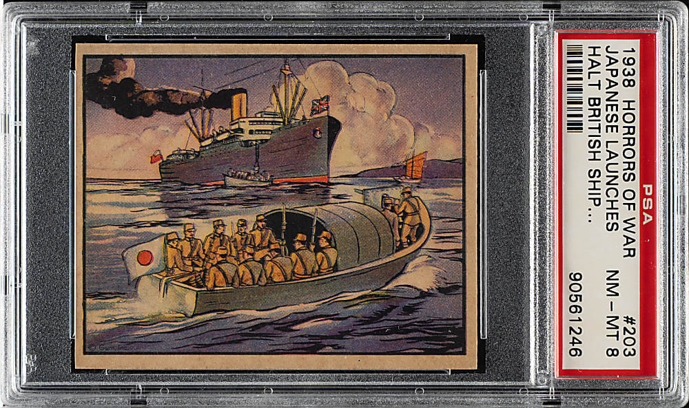 1938 R69 Gum, Inc. "Horrors of War" #203 Japenese Launches Halt British Ship in Whangpoo PSA NM-MT 8
