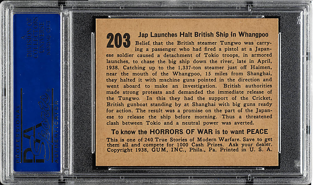 1938 R69 Gum, Inc. "Horrors of War" #203 Japenese Launches Halt British Ship in Whangpoo PSA NM-MT 8