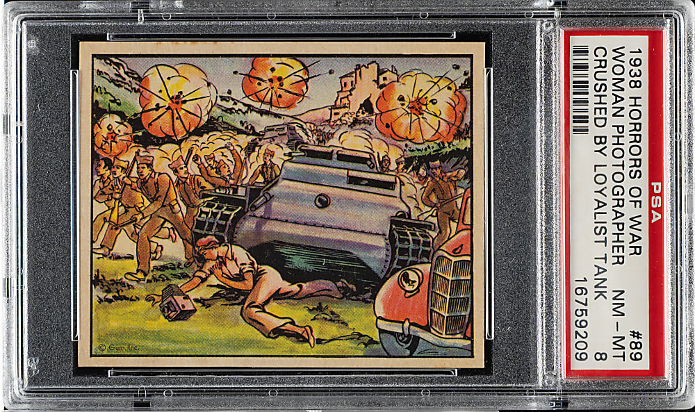 1938 R69 Gum, Inc. "Horrors of War" #89 Woman Photographer Crushed by Loyalist Tank PSA NM-MT 8