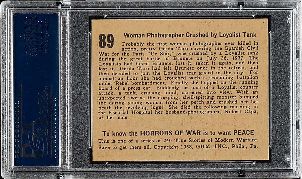1938 R69 Gum, Inc. "Horrors of War" #89 Woman Photographer Crushed by Loyalist Tank PSA NM-MT 8