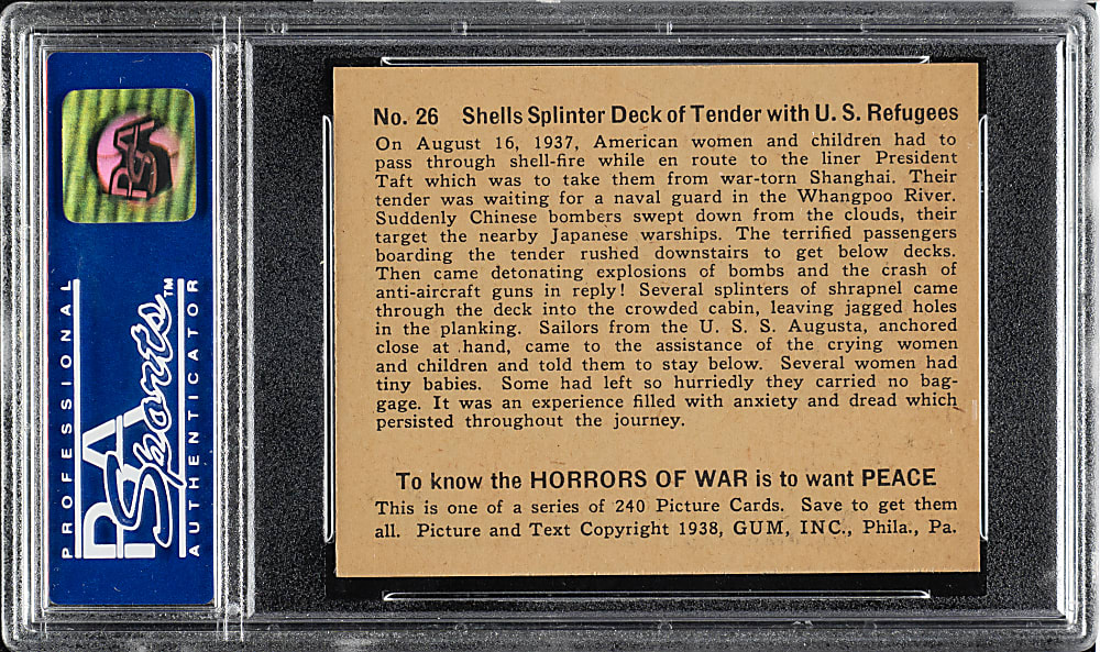 1938 R69 Gum, Inc. "Horrors of War" #26 Shells Splinter Deck of Tender with U.S. Refugees PSA NM-MT 8