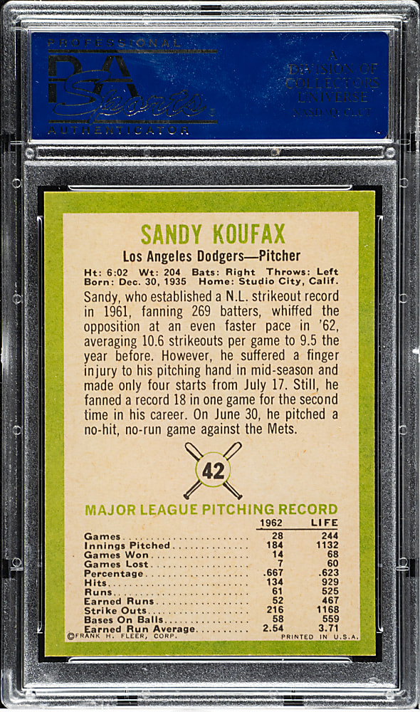 1963 Fleer #42 Sandy Koufax PSA MINT 9