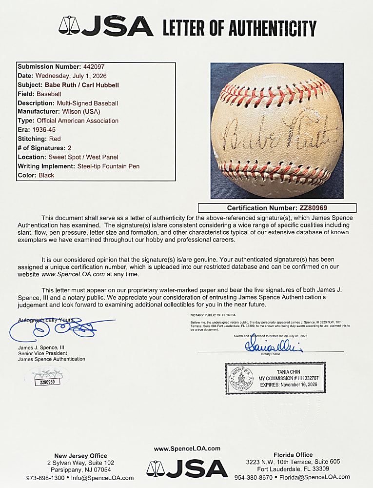 Circa 1945 Babe Ruth and Carl Hubbell Dual-Signed Baseball - JSA