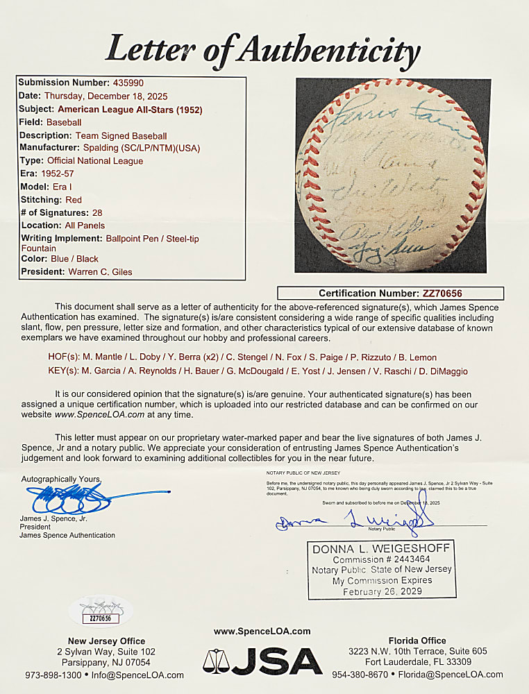 1952 American League All-Star Team-Signed Baseball with Satchel Paige and Mickey Mantle - JSA