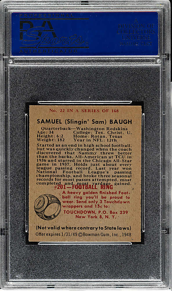 1948 Bowman Football #22 Sammy Baugh Rookie PSA NM 7