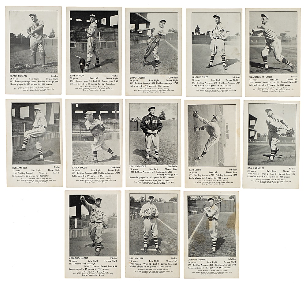 1932 New York Giants Schedule Postcard Partial Set (17/22) Including Freddie Lindstrom and Travis Jackson