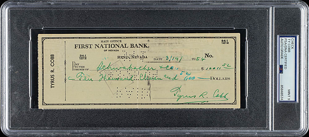 1954 Ty Cobb Signed Check PSA/DNA MINT 9 Plus Full JSA LOA