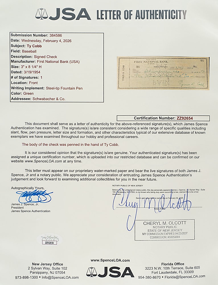 1954 Ty Cobb Signed Check PSA/DNA MINT 9 Plus Full JSA LOA