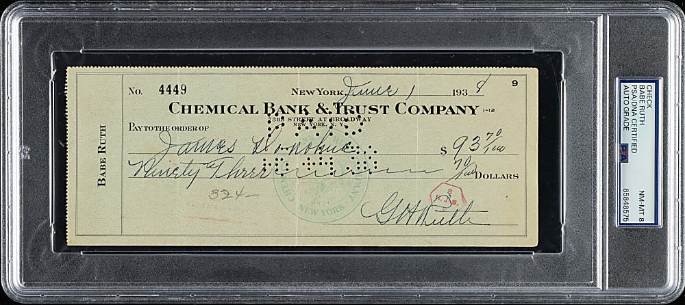 1938 Babe Ruth Signed Check PSA/DNA NM-MT 8 Plus Full JSA LOA