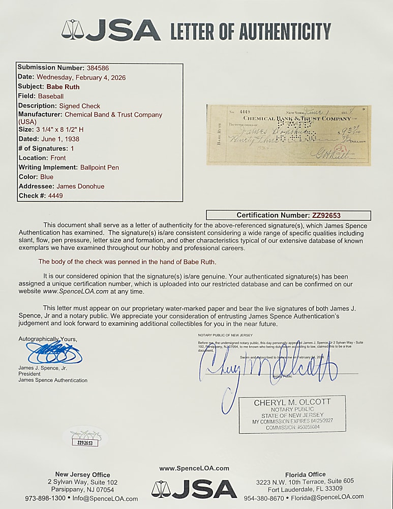 1938 Babe Ruth Signed Check PSA/DNA NM-MT 8 Plus Full JSA LOA