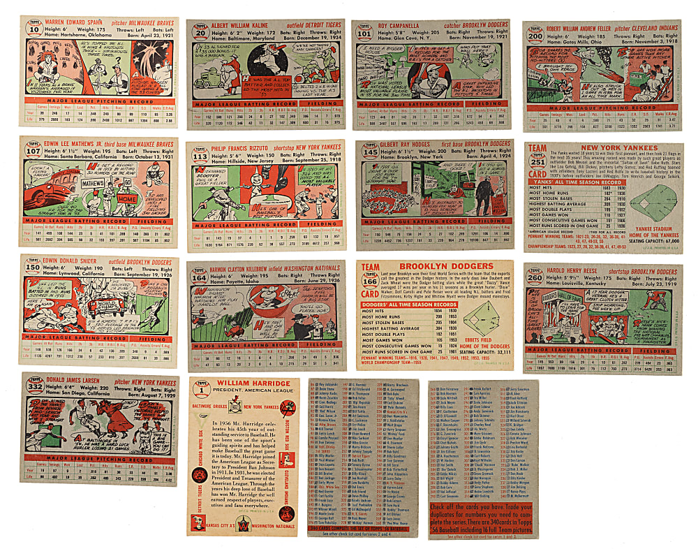 1956 Topps Complete Set (340 Plus Two Checklists) Including 20 PSA- and SGC-Graded Cards