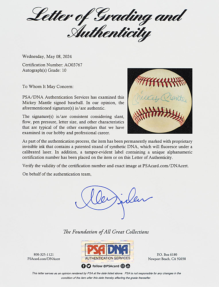 Mickey Mantle Single-Signed Baseball PSA/DNA GEM MINT 10