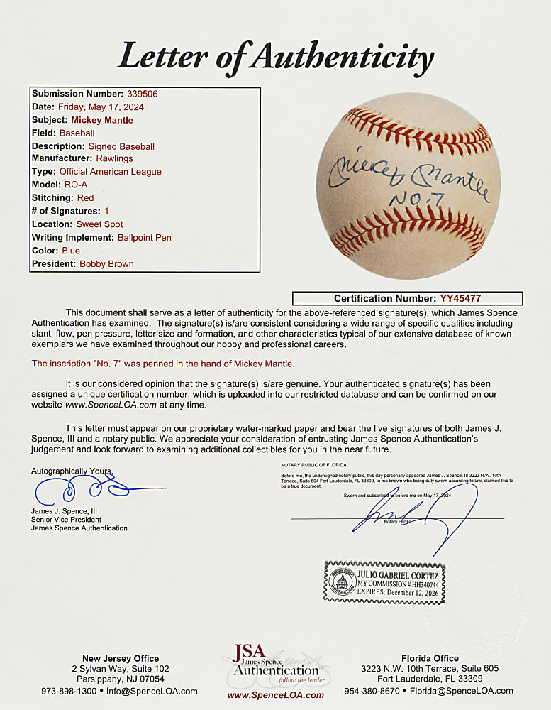 Mickey Mantle Single-Signed Baseball with "NO. 7" Inscription - JSA