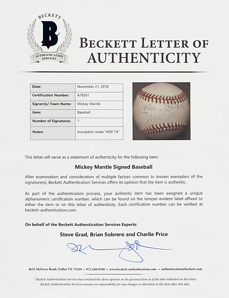 Mickey Mantle "HOF 74" Single-Signed Baseball - Beckett