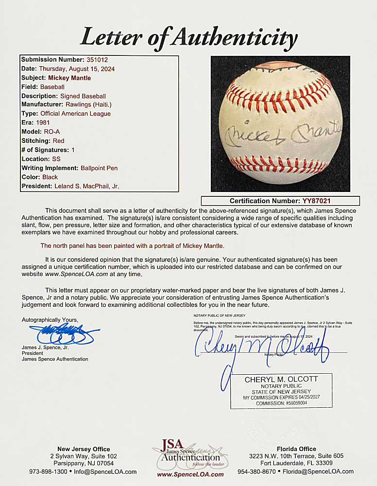 Mickey Mantle Single-Signed Portrait Baseball - JSA