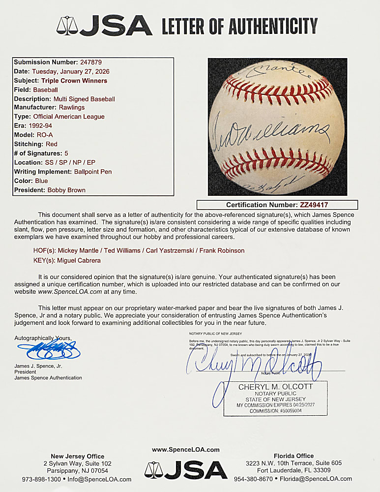 Triple Crown Winners Multi-Signed Baseball with Mantle, Williams, Robinson, Cabrera, and Yastrzemski - JSA