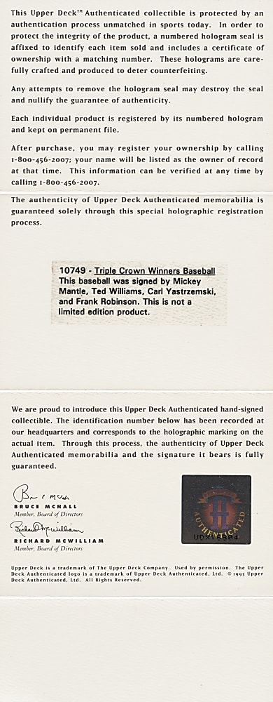 Triple Crown Winners Multi-Signed Baseball with Mantle, Williams, Robinson, Cabrera, and Yastrzemski - JSA