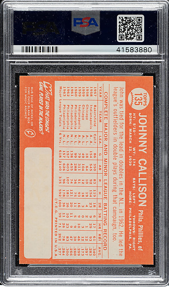 1964 Topps #135 Johnny Callison PSA GEM MINT 10 - 1 of 1!