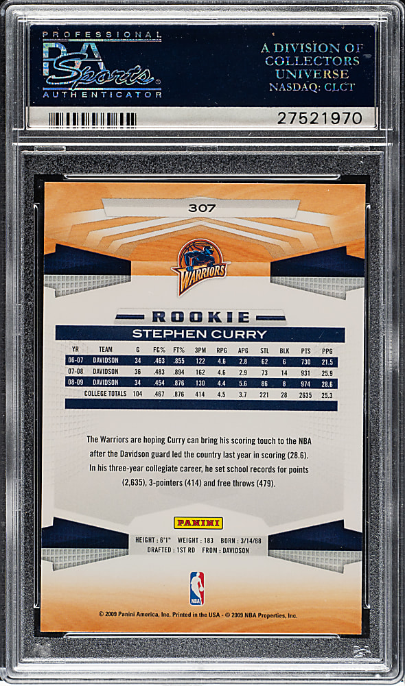 2009-2010 Panini Basketball #307 Stephen Curry Rookie PSA GEM MINT 10