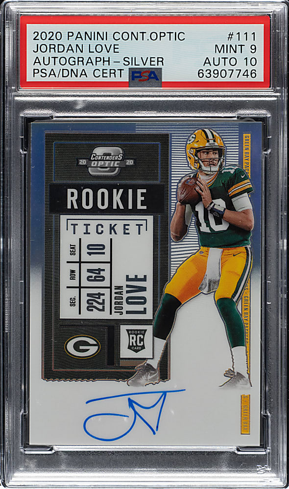 2020 Panini Contenders Optic Football Autograph #111 Jordan Love Rookie Silver PSA MINT 9 with GEM MINT 10 Signature