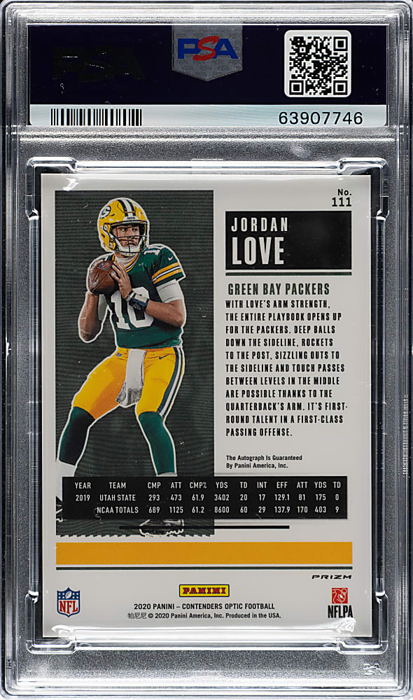 2020 Panini Contenders Optic Football Autograph #111 Jordan Love Rookie Silver PSA MINT 9 with GEM MINT 10 Signature