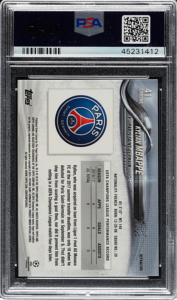 2017-2018 Topps Chrome Soccer UEFA Champions League #41 Kylian Mbappe Refractor PSA GEM MINT 10