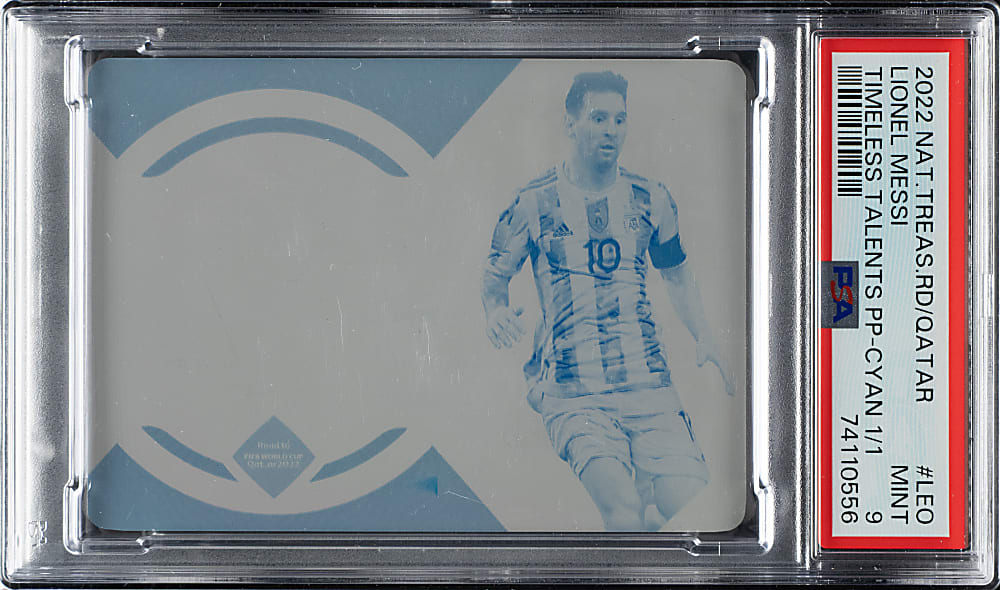 2022-2023 Panini National Treasures FIFA Road to World Cup Qatar Timeless Talents Printing Plates #TS-LEO Lionel Messi #1/1 PSA MINT 9