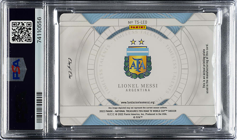 2022-2023 Panini National Treasures FIFA Road to World Cup Qatar Timeless Talents Printing Plates #TS-LEO Lionel Messi #1/1 PSA MINT 9