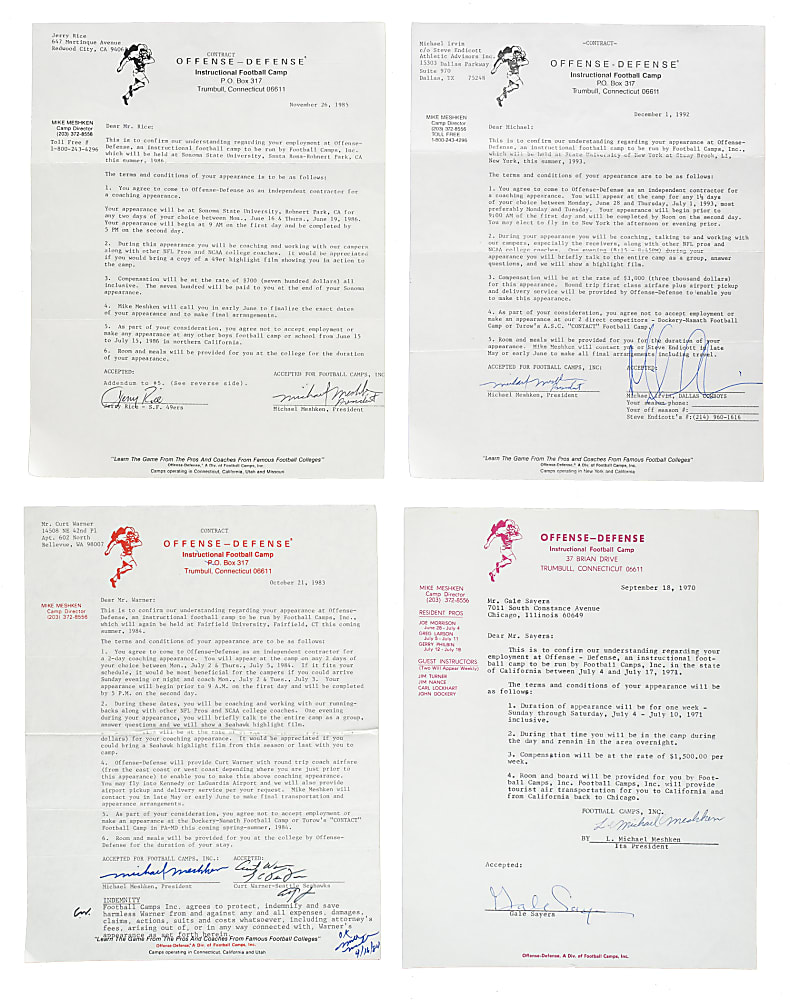 1970 to 1992 Offense-Defense Instructional Football Camp Contract Collection (38) Including Irvin, Lott, Butkus, Sayers, and Rice