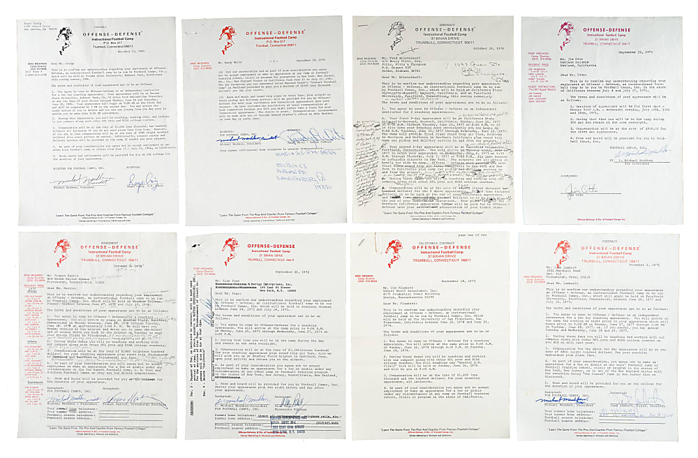 1970 to 1992 Offense-Defense Instructional Football Camp Contract Collection (38) Including Irvin, Lott, Butkus, Sayers, and Rice