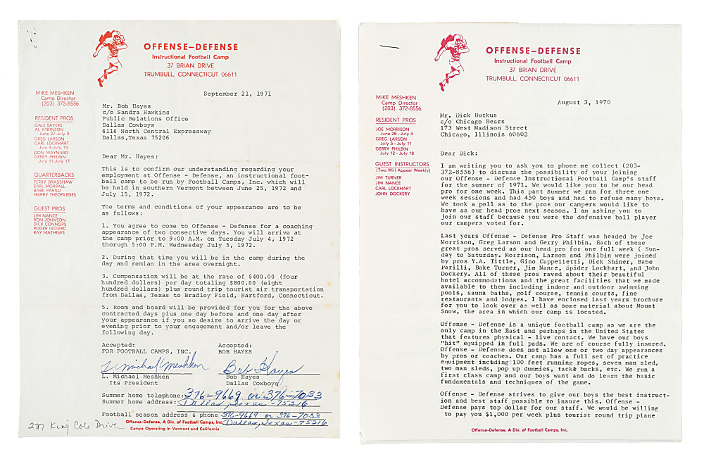1970 to 1992 Offense-Defense Instructional Football Camp Contract Collection (38) Including Irvin, Lott, Butkus, Sayers, and Rice