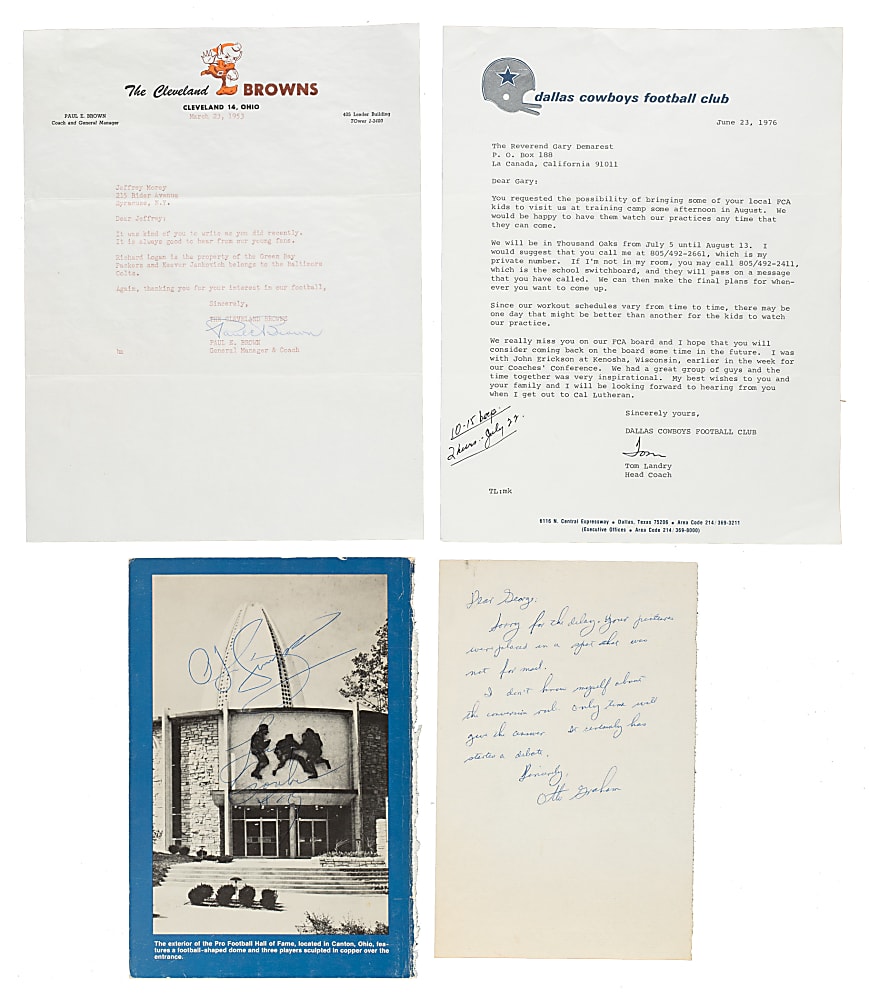 Football Hall of Famers and Stars Signed Letters, Checks, and Index Cards Collection (55) Including P. Brown, Graham, Hinkle, Starr, Simpson, and D. Thomas