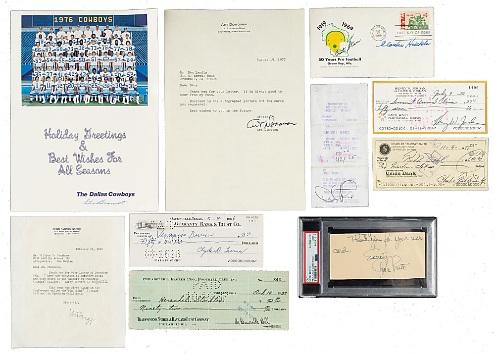 Football Hall of Famers and Stars Signed Letters, Checks, and Index Cards Collection (55) Including P. Brown, Graham, Hinkle, Starr, Simpson, and D. Thomas