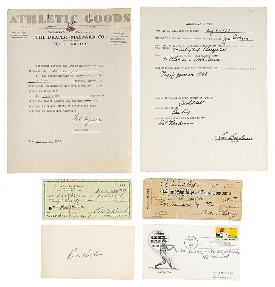 Hall of Fame and Stars Signed Contracts, Checks, and Index Cards Collection (59) Including Ashburn, Baker, Carey, and Lyons