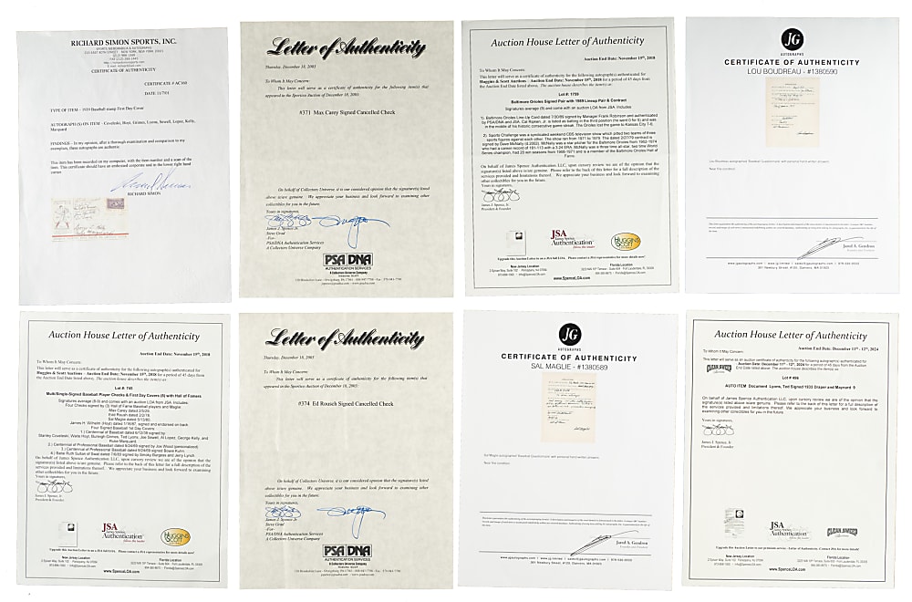 Hall of Fame and Stars Signed Contracts, Checks, and Index Cards Collection (59) Including Ashburn, Baker, Carey, and Lyons
