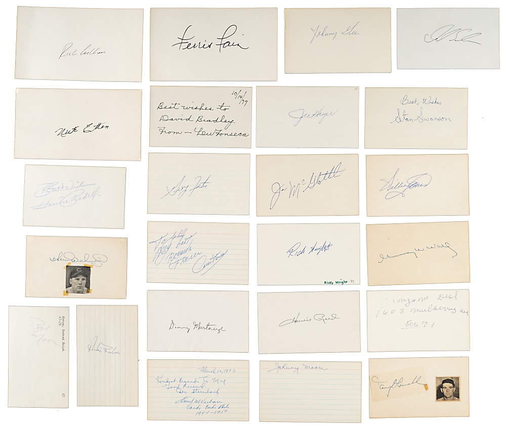 Hall of Fame and Stars Signed Contracts, Checks, and Index Cards Collection (59) Including Ashburn, Baker, Carey, and Lyons
