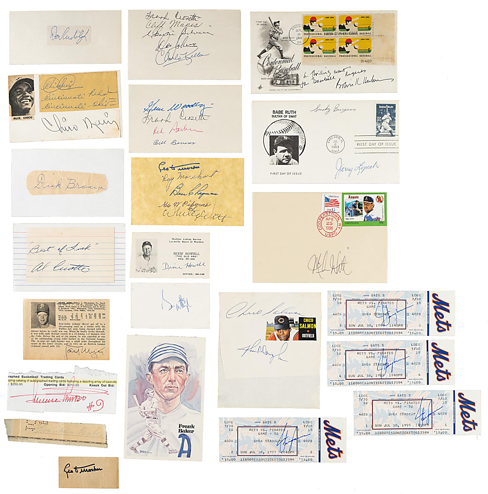 Hall of Fame and Stars Signed Contracts, Checks, and Index Cards Collection (59) Including Ashburn, Baker, Carey, and Lyons