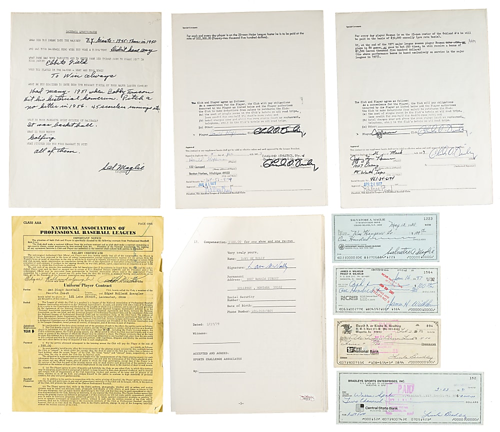 Hall of Fame and Stars Signed Contracts, Checks, and Index Cards Collection (59) Including Ashburn, Baker, Carey, and Lyons