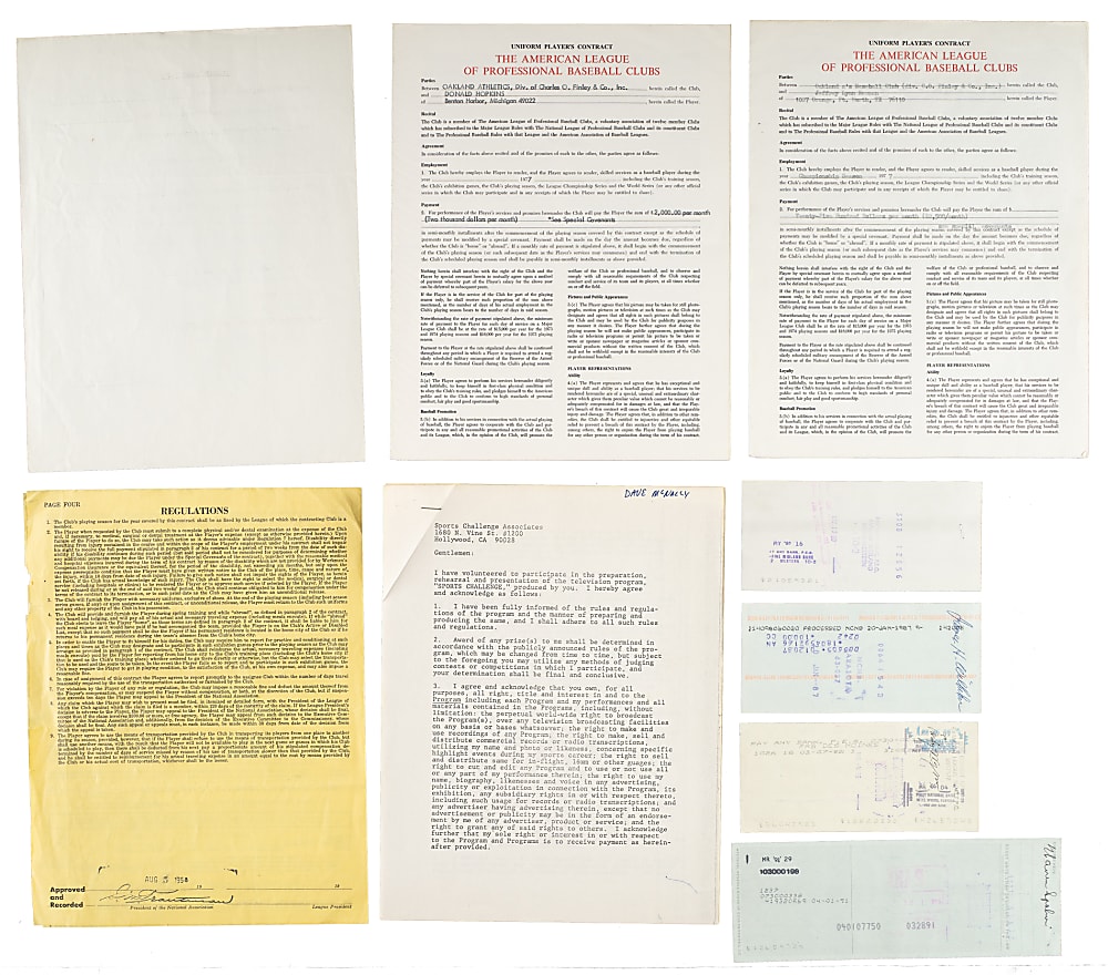 Hall of Fame and Stars Signed Contracts, Checks, and Index Cards Collection (59) Including Ashburn, Baker, Carey, and Lyons
