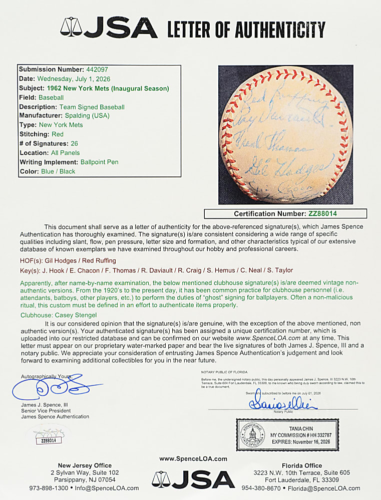 1962 New York Mets Team-Signed Baseball with Gil Hodges - Inaugural Season - JSA