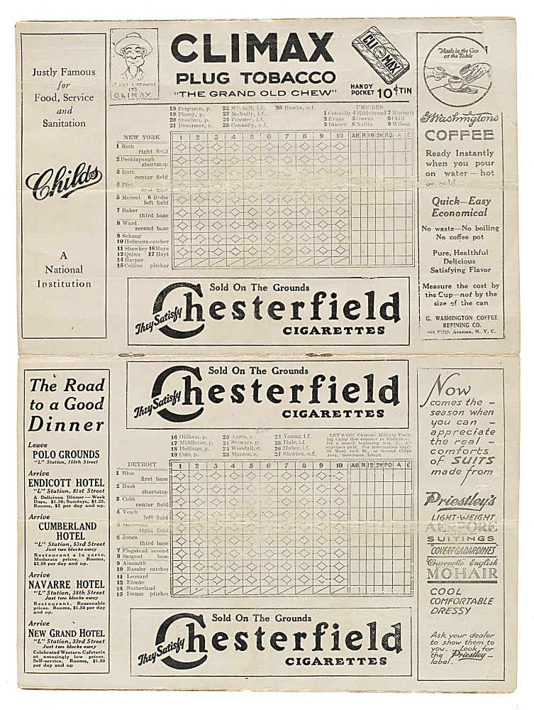 1921 New York Yankees (vs. Detroit Tigers) Program with Babe Ruth and Ty Cobb in Lineup