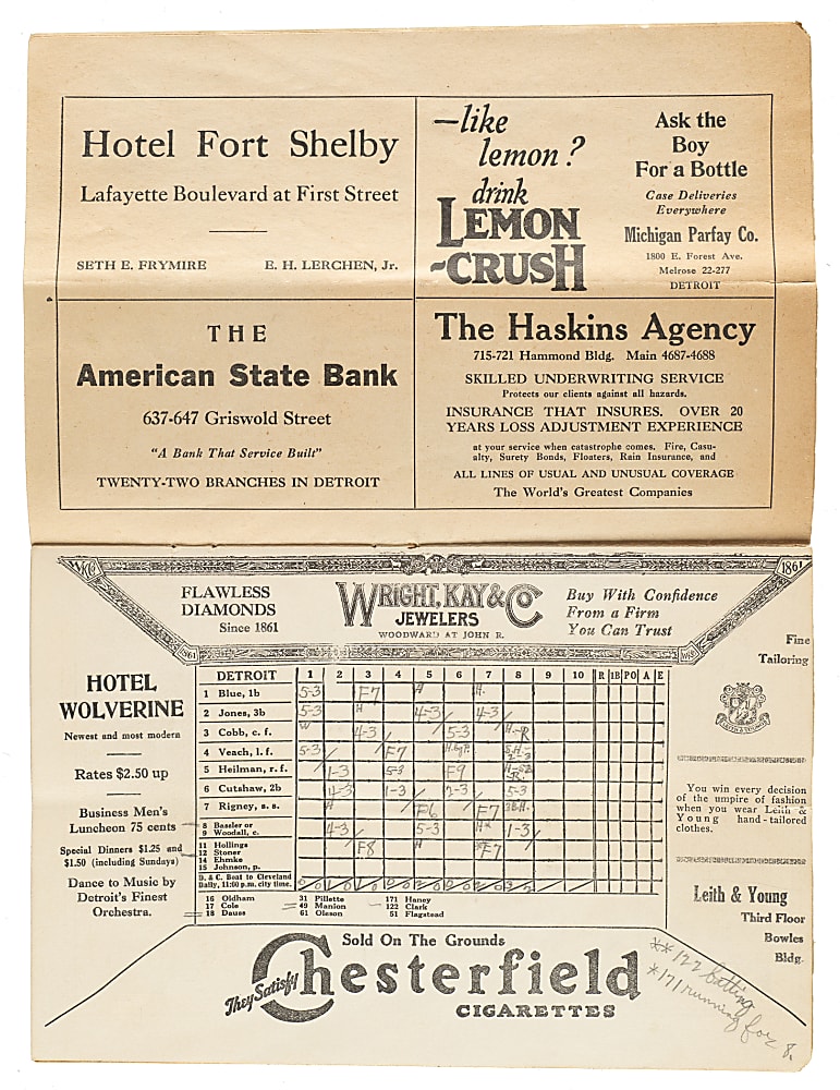 1922 Detroit Tigers (vs. New York Yankees) Program with Babe Ruth and Ty Cobb in Lineup